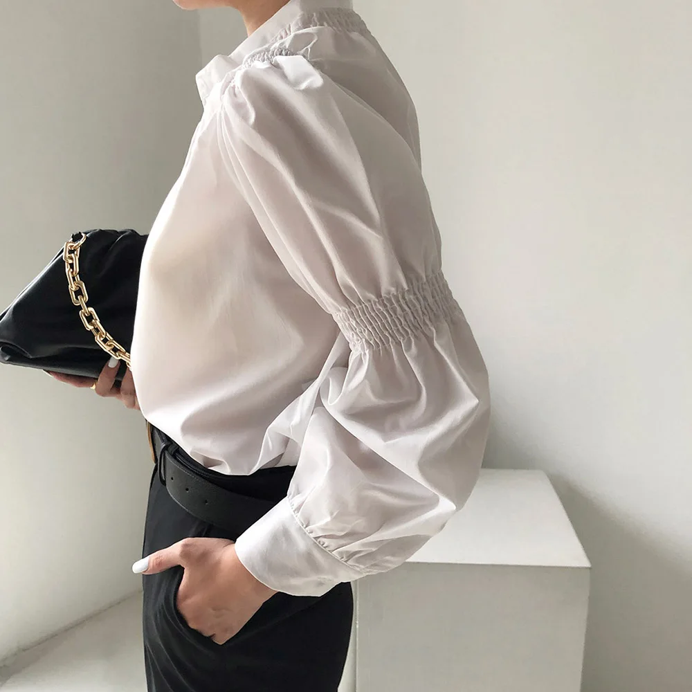 

Korean Version Japanese Blouse Spring Autumn Fashion Temperament Single-breasted Stand-up Collar Lantern Sleeve Shirt