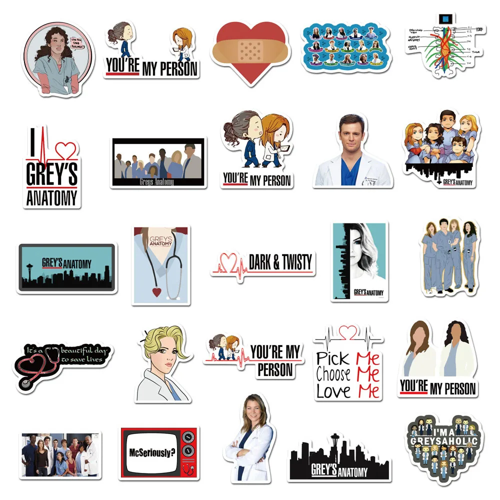

50pcs American Drama Grey's Anatomy Stickers Waterproof PVC Sticker For Luggage Suitcase Laptop Car Phone Decor DIY Doctors Gift