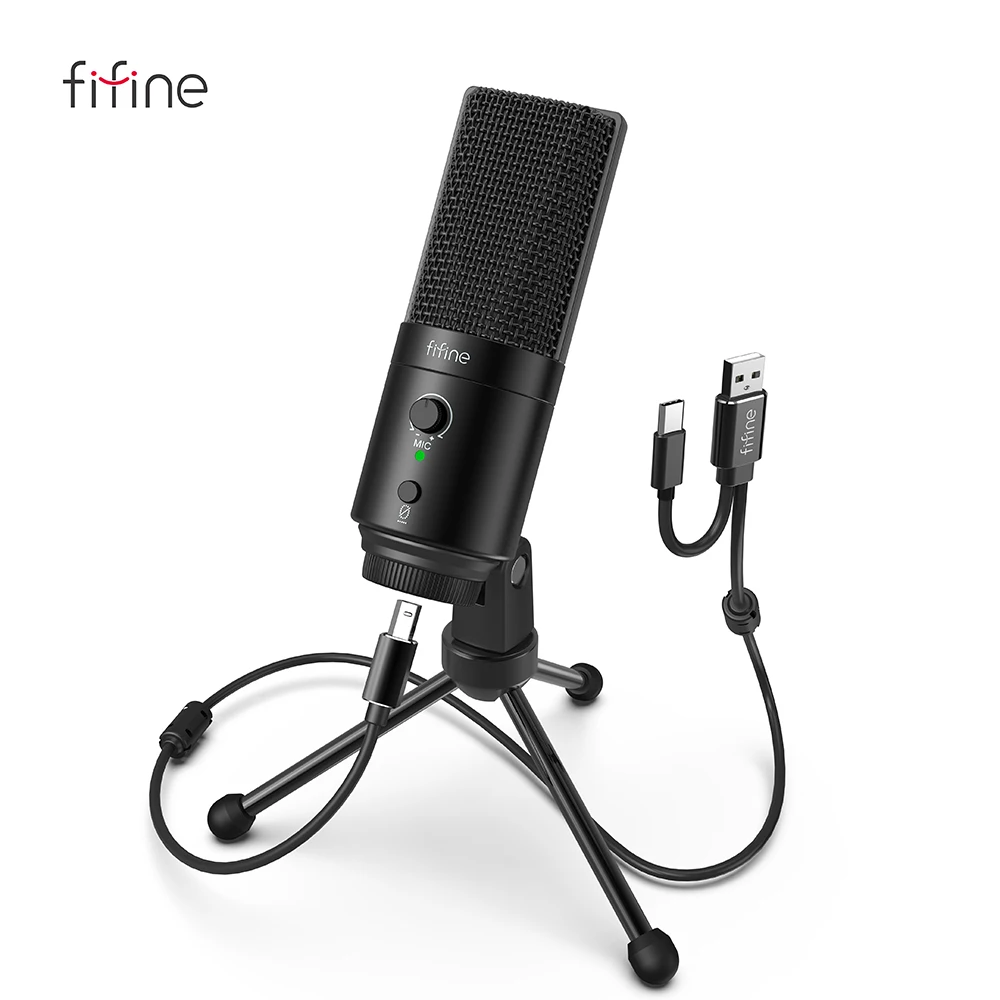 Microfone com Botão Controle de Ganho Mic para Estúdio Fifine & Tipo-c Mudo Condensador pc Cardióide Recording-k683a 192khz – 24bit Usb