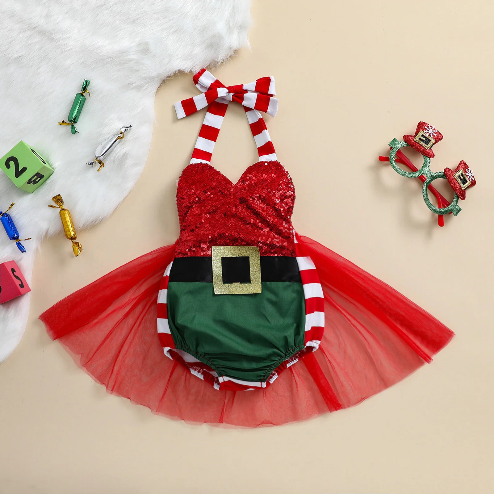 

Christmas Sequin Dress For Girls Kids Little Santa Cosplay Halter Dresses Red New Year Outfit