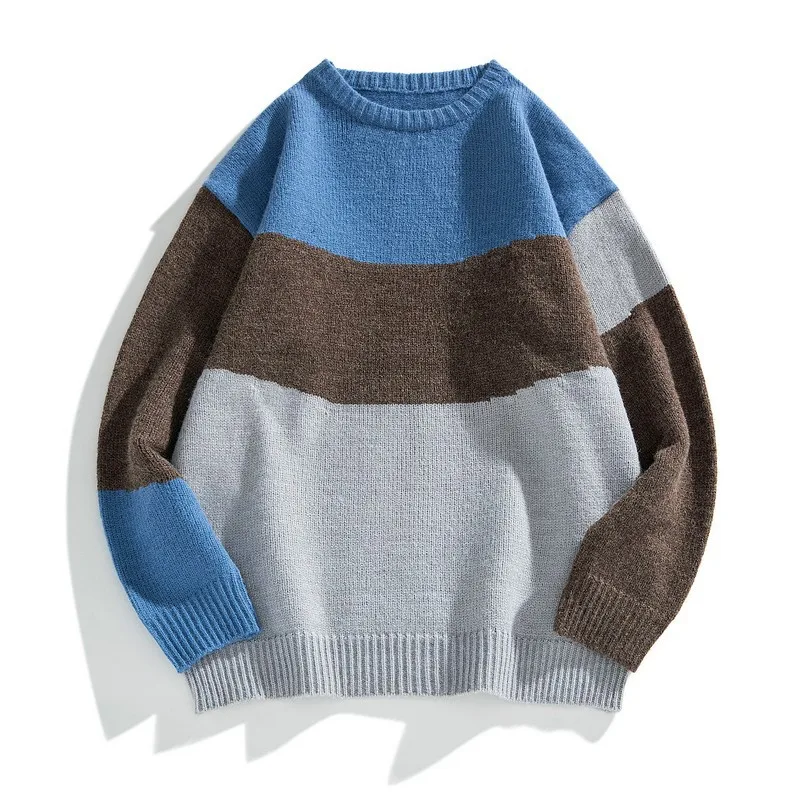 

New Design Men Fashion Streetwear Loose Patchwork Striped Knitted Pullover Wool Sweater