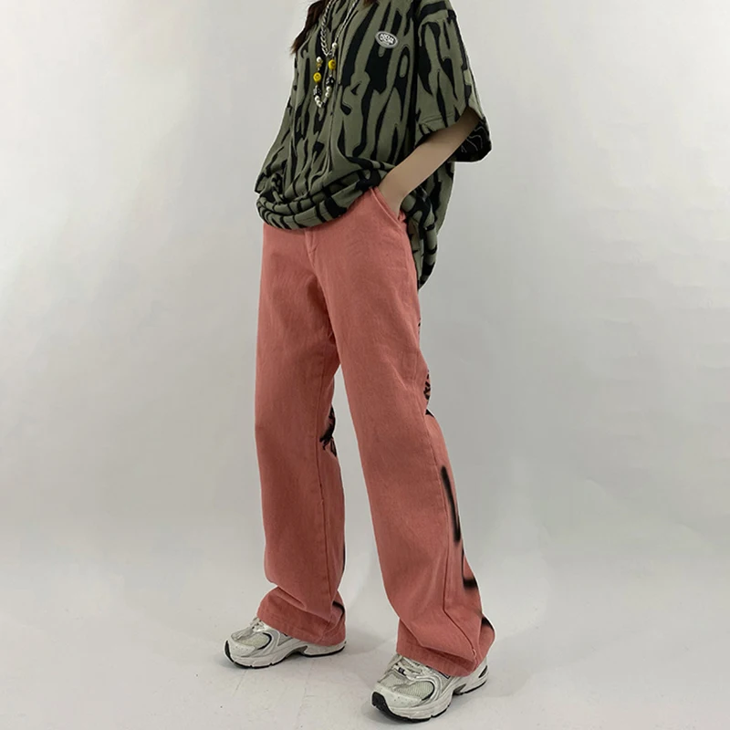 

SHENGPALAE Hand Painted Graffiti Jeans Women's Spring 2021 New Hiogh Waist Streetwear Loose Wide Leg Stright Denim Pants 5C302