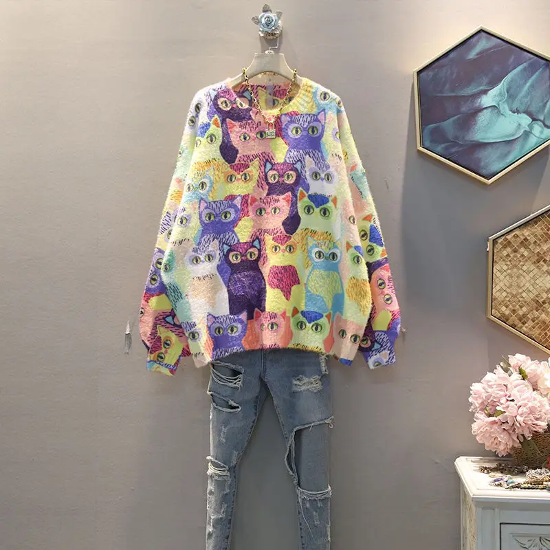 

2021 autumn new Korean fashion cat dazzle color loose size long sleeve Pullover T-shirt