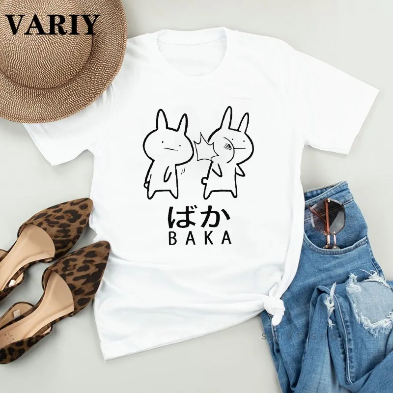 

Женская футболка Baka с изображением кролика Slap, летняя футболка в стиле Харадзюку, женская модная футболка в японском стиле, футболка в стиле...