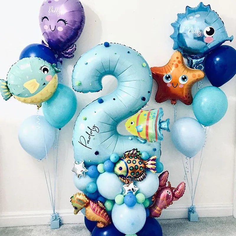 44pcs תחת ים אוקיינוס עולם בעלי החיים בלונים כחול מספר בלון ים מסיבת נושא ילדים שמח מסיבת יום הולדת קישוט תינוק מקלחת