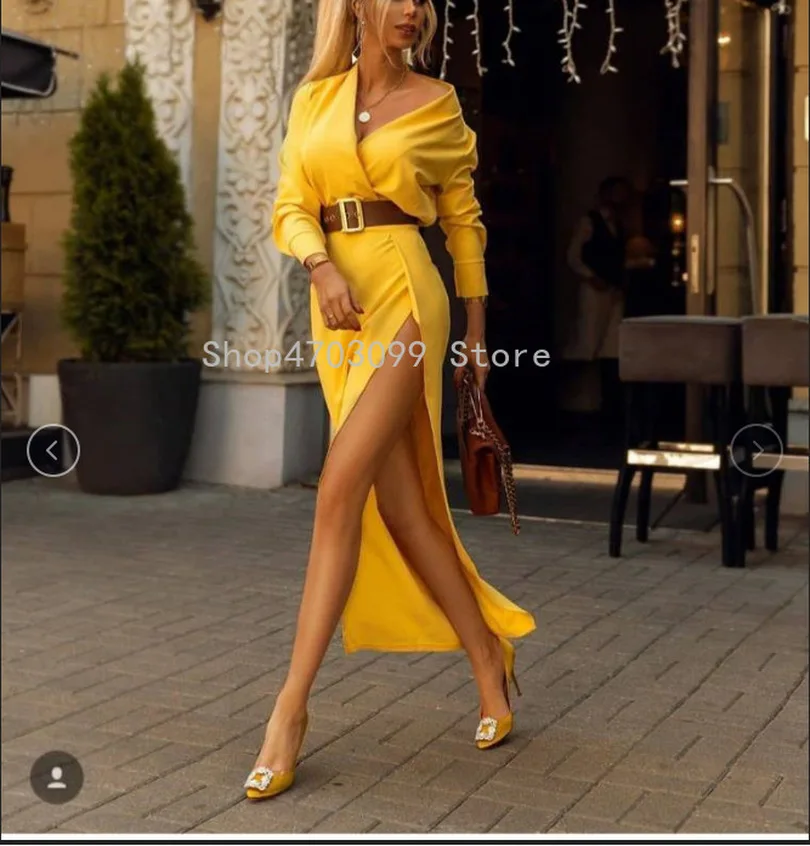 Для женщин v образным вырезом с длинным рукавом боковыми вечерние платье