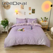 Funda de almohada de poliéster con estampado a cuadros púrpura romántica, Sábana transpirable, cómoda, individual, doble (4)