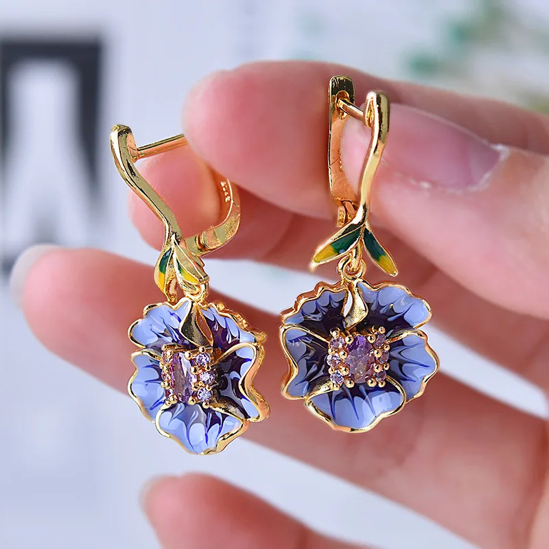 

Luxury Female Enamel Flower Jewelry Set Charm Gold Color Wedding Clip Earrings For Women Cute Purple Crystal Chain Necklace Ring