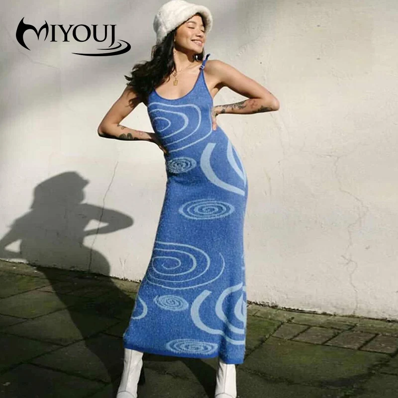 

MIYOUJ Back Hollow Out Sexy Dress Summer Strap Annual Ring Knitted Midi Dresses Bodycon Women Clothing Woollens Pencil Skirt