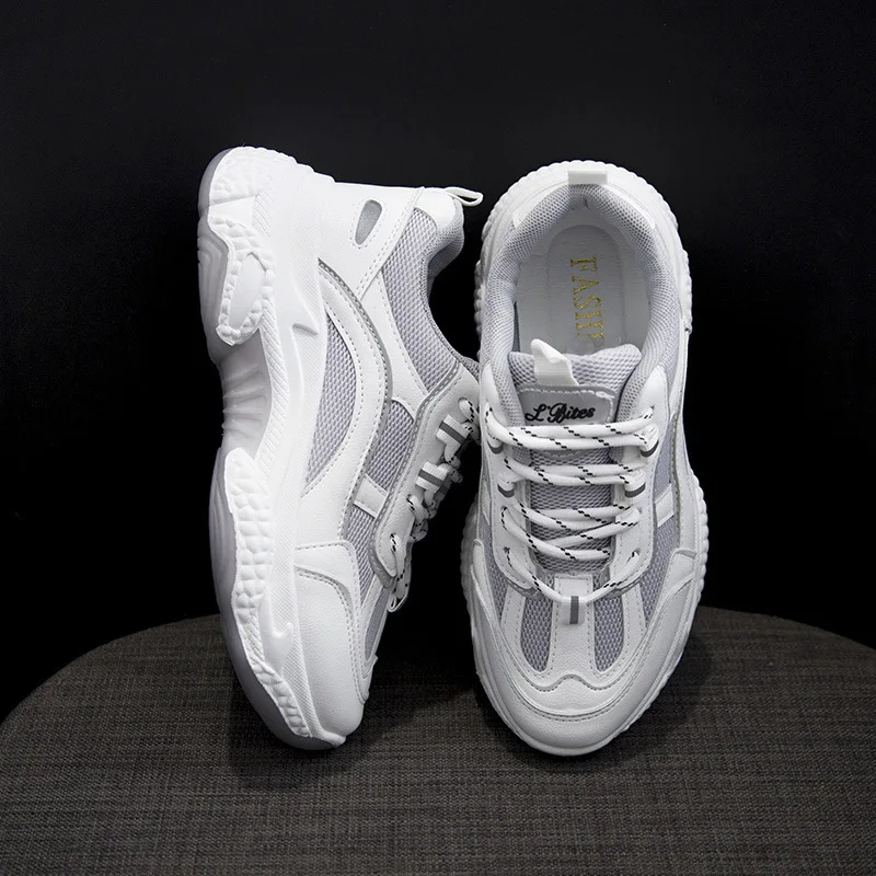 

2020 New Vulcanized Shoes Chunky Sneakers Women Shoes Woman Lace Up Thick Bottom High Heels Casual Shoes Female Flats Plus Size