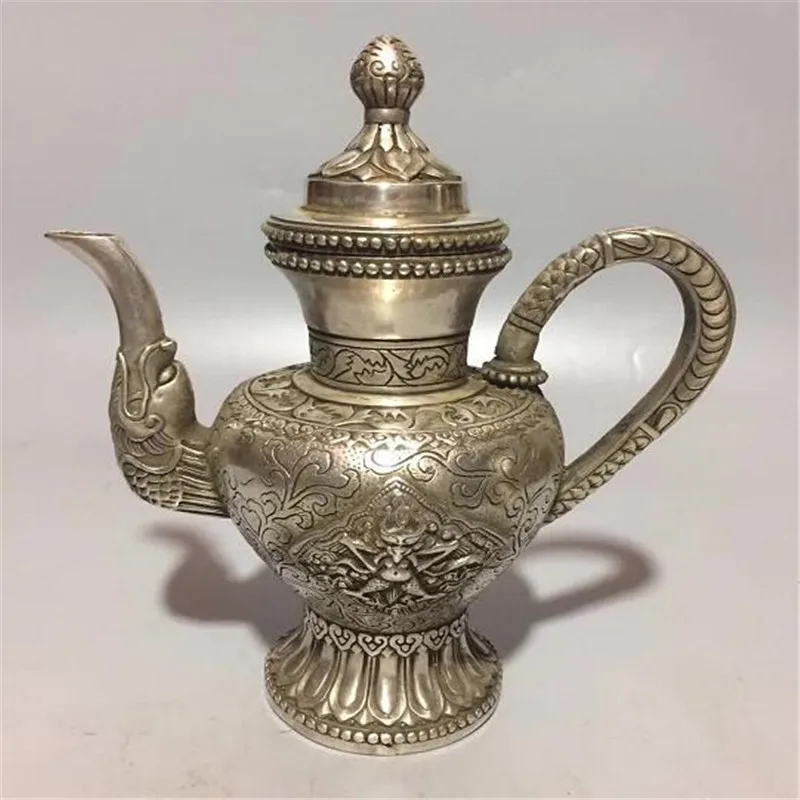 Китайская бронзовая резьба тибетский серебряный чайник с драконом статуя