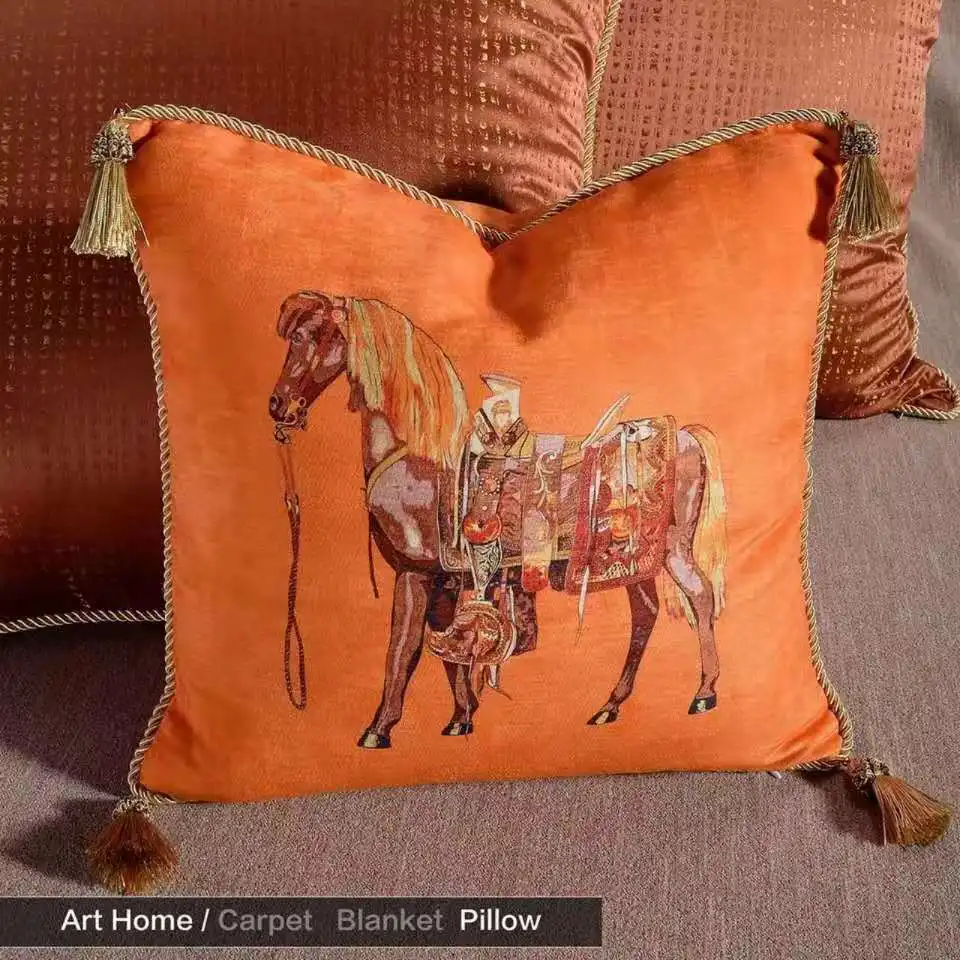 

LISM Cushion cover French Horse Orange Velvet Chenille European Design Tassels Pillowcases Home Sofa Villa Palace Decor