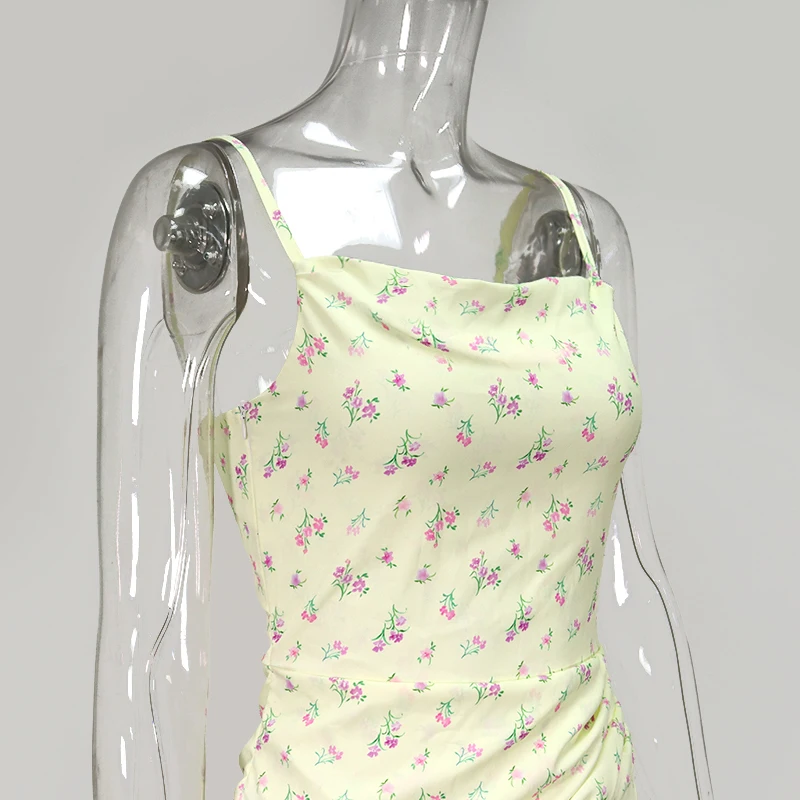 

Colysmo Summer Yellow Floral Dress Women Sleeveless Backless High Split Sexy Party Dresses Print Casual Beach Long Dress 2020