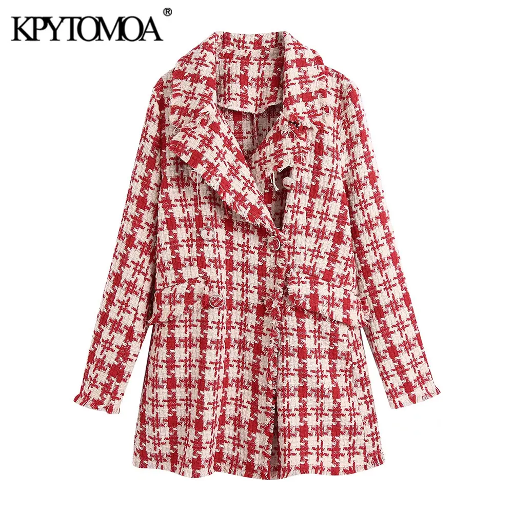 

KPYTOMOA Women Fashion Houndstooth Tweed Jacket Coat Vintage Long Sleeve Frayed Trims Female Outerwear Chic Tops