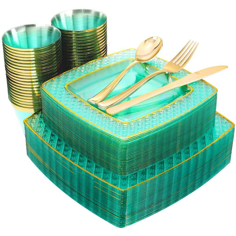 

150pcs Disposable Party Tableware Transparent Color Phnom Penh Plate Wine Glass Knife Fork Spoon Set Heavy Plastic Fruit