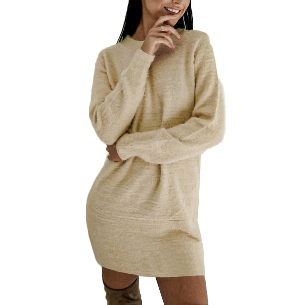 Женское платье-свитер цвета хаки с длинным рукавом открытая спина свободные топы