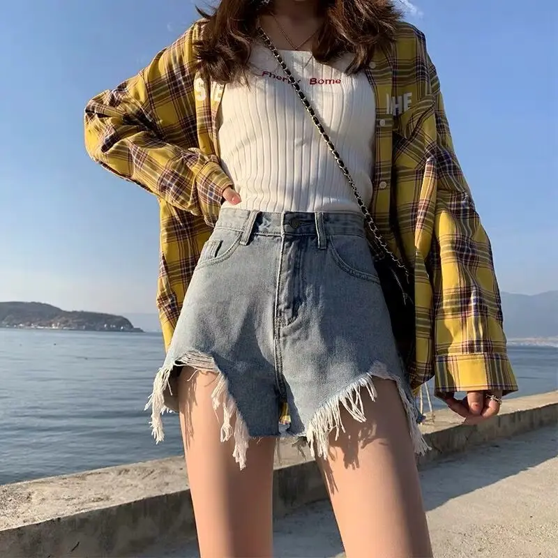 

Traf Y2k Women's Pants Girls Dgirls Denim Shorts Summer Wear New High Waist Shorts Wide Leg Holed Hot Pants Top Show Thin Loose