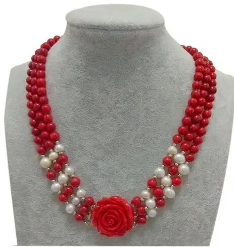 

3 Rows 7-8mm White Freshwater Pearls & Red Coral Beads Flower Clasp Necklace (17"-19")