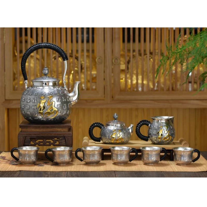 Silver pot 999 sterling silver handmade tea set Japanese retro teapot kettle home tea ceremony Kungfu tea set 1200ml