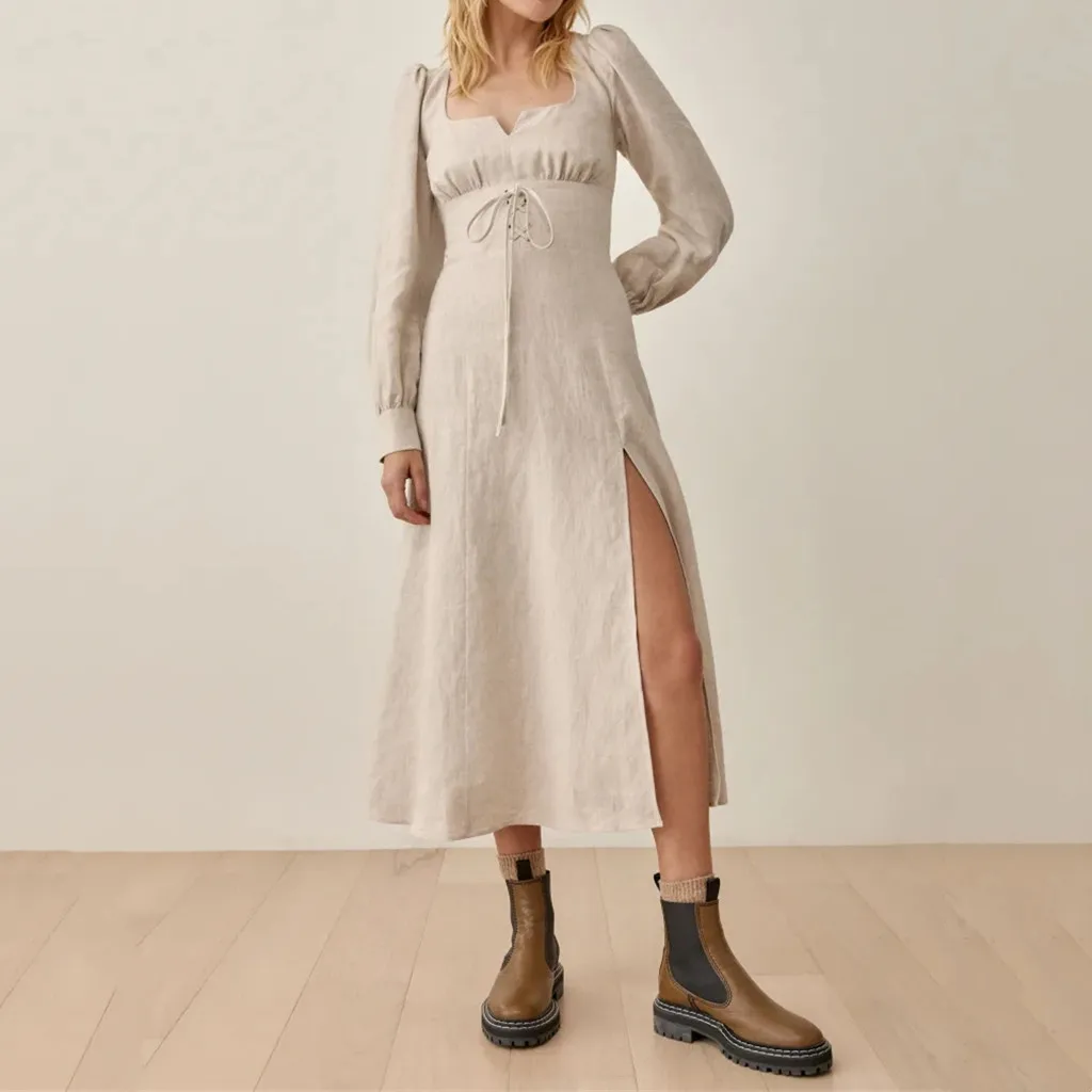 

Women Long Sleeves High Slit Anton Linen Dress In Oatmeal