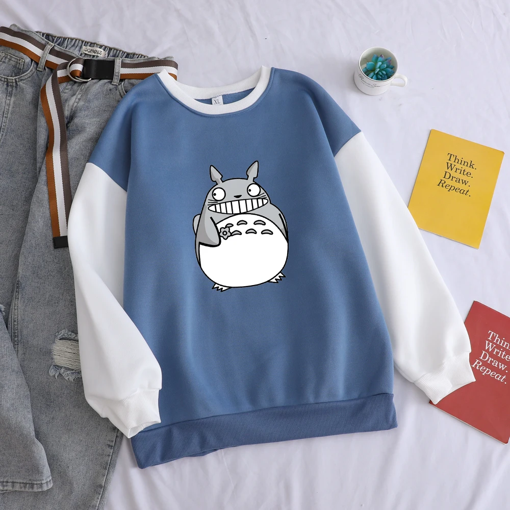 

Hot Sale Fashion Kawaii Totoro Print Women O-neck Fleece Hoodies Autumn Winter Casual Sweatshirts Drop Shoulder Cartoon Clothes