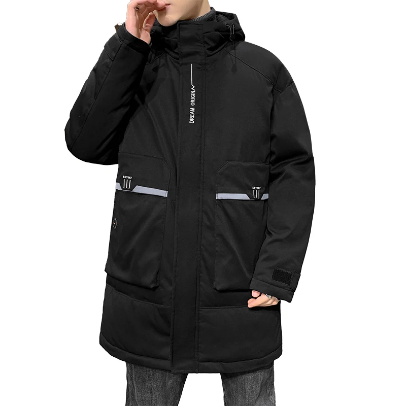 New Causal Winter Men's Mid-Length 90% White Duck Down Jacket Thick Warm Long Hooded Parkas Outwear Top Down Coats Solid Puffer