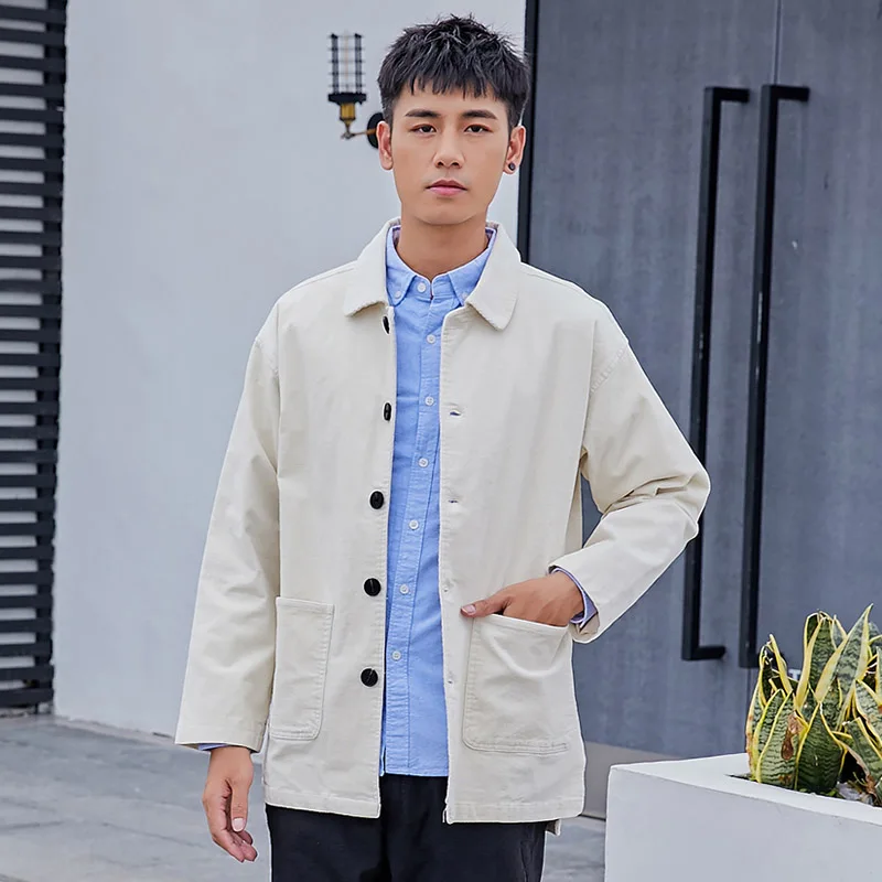 Beige Schinteon Men Corduary Loose Jacket Autumn Mid-Length Outwear Casual Turn-down Collar Top Fashion High Quality New - Цвет: Beige