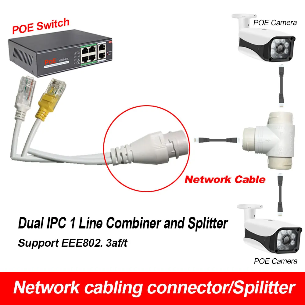 POE Splitter 2-in-1 Network Cabling Connector Three-way RJ45 Connector for Security Camera install