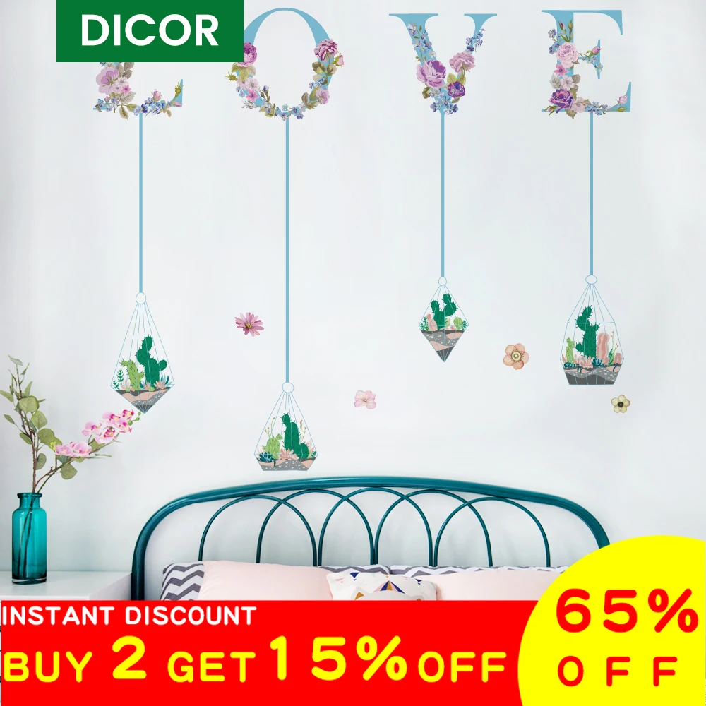 Наклейки на стену с сердечками и цветами зеленые растения европейские украшения