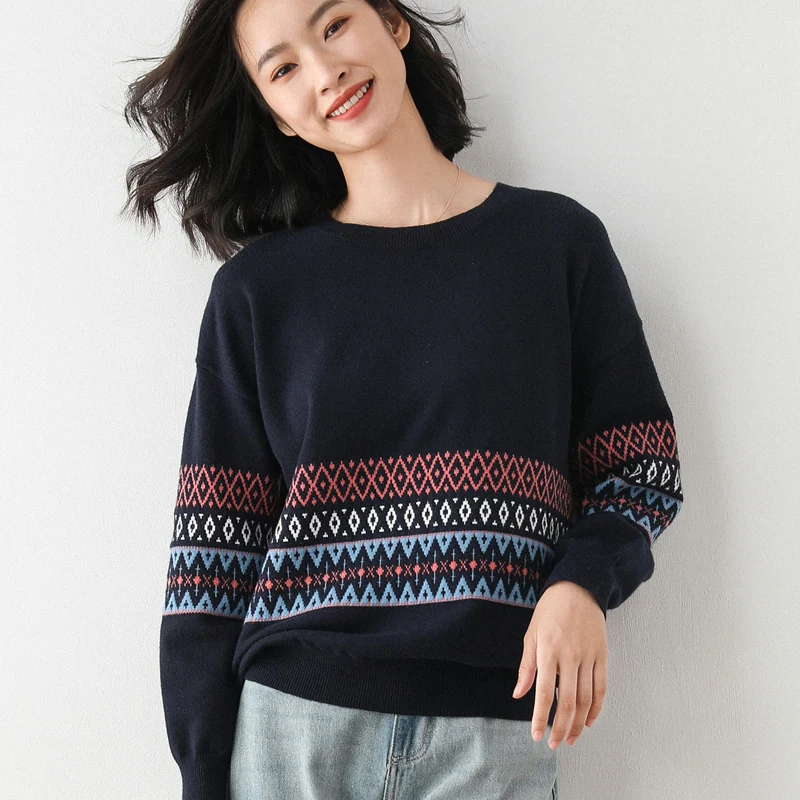 

2020 New Fashion Cashmere Wool Flower Knit Pullovers Women O-Neck Sweater Loose Elegant Thicked Print Winter Casual Sweater