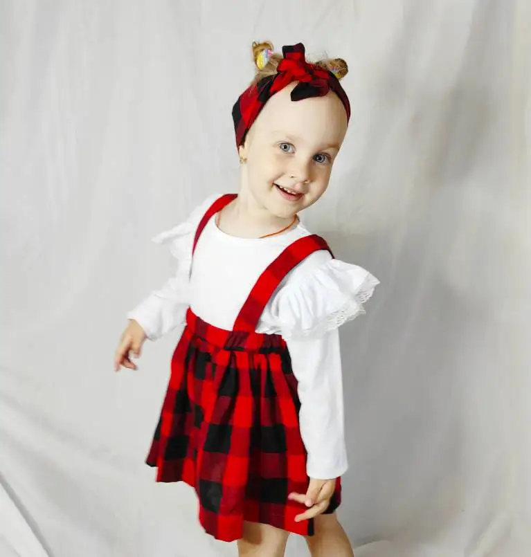 

2021 Hot-Selling Three Sets Girls Skirt Suit Solid Color Long-Sleeved T-Shirt + Plaid Suspender Skirt + Headband Two Colors
