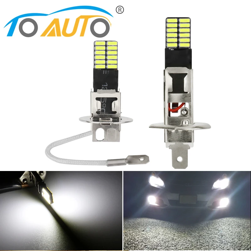 

2Pcs H1 H3 Led Bulb Lamp Super Bright 24smd 3014 Car Fog Lights Day Driving Running 6000K Automobile H1 H3 White 12V