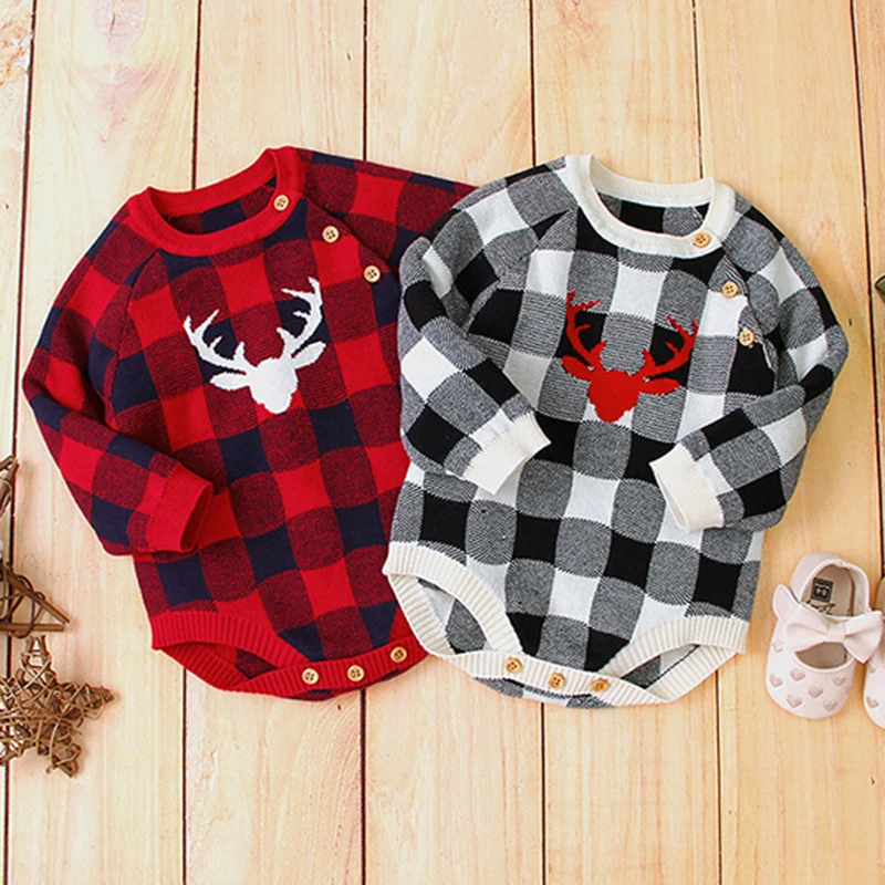 

Christmas Elk Autumn Winter Newborn Kids Baby Girls Boys Long Sleeve Grid Knit Rompers Clothes Baby Girls Boys Jumpsuits