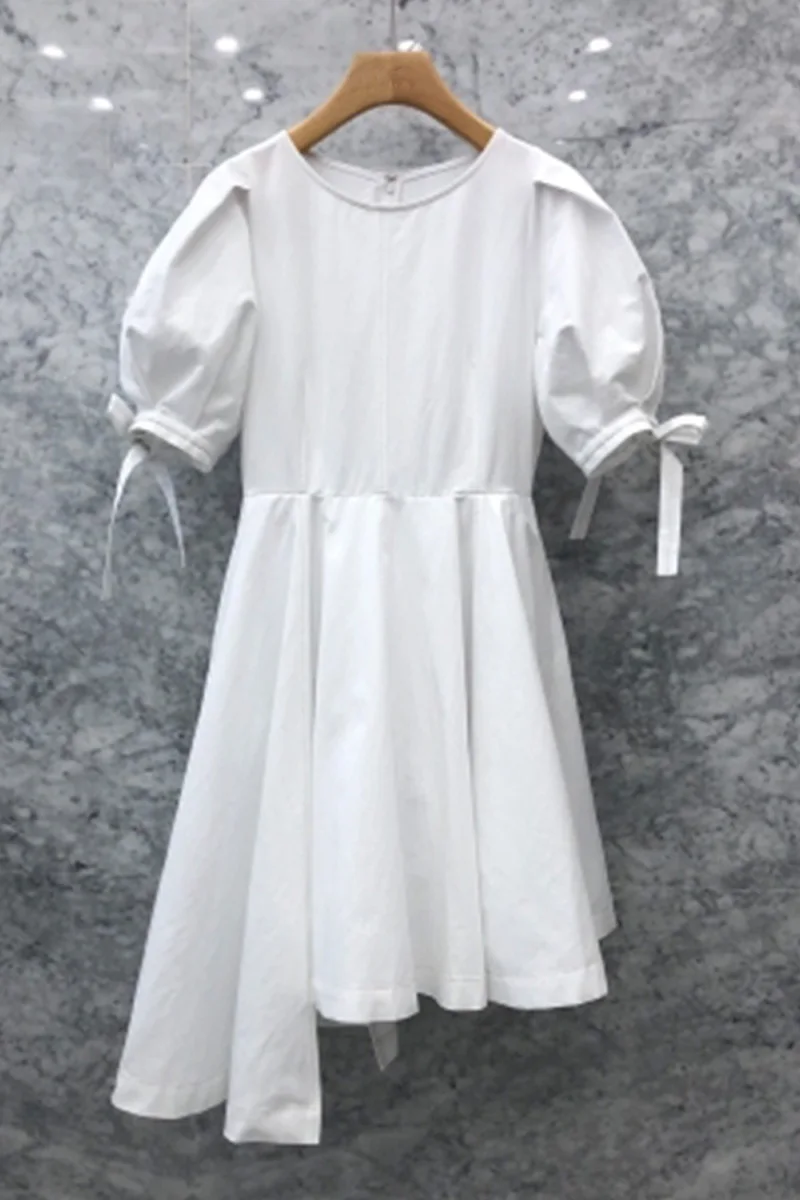 

2021 Summer Korean Style Waist Slimming White Dress for Women Irregular Puff Sleeve High Waist Long Dress Female A Line Dress