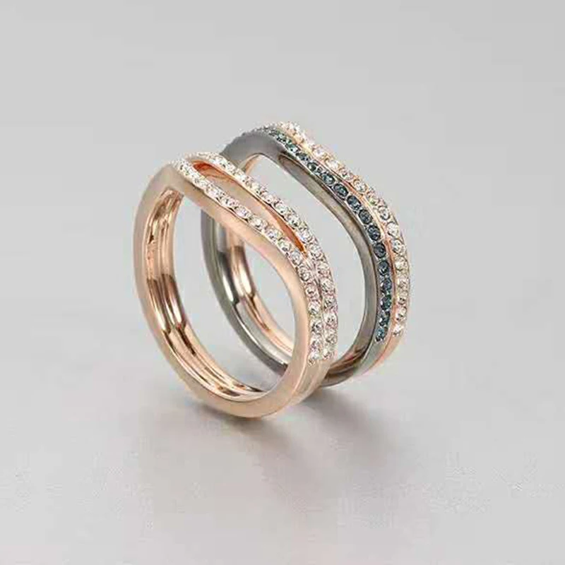 

2020 Fashion SWA New LEMON RING SET Rose Gold Delicate Lines Blue Mixed Double Crystal Female Engagement Ring Wild Jewelry Gift