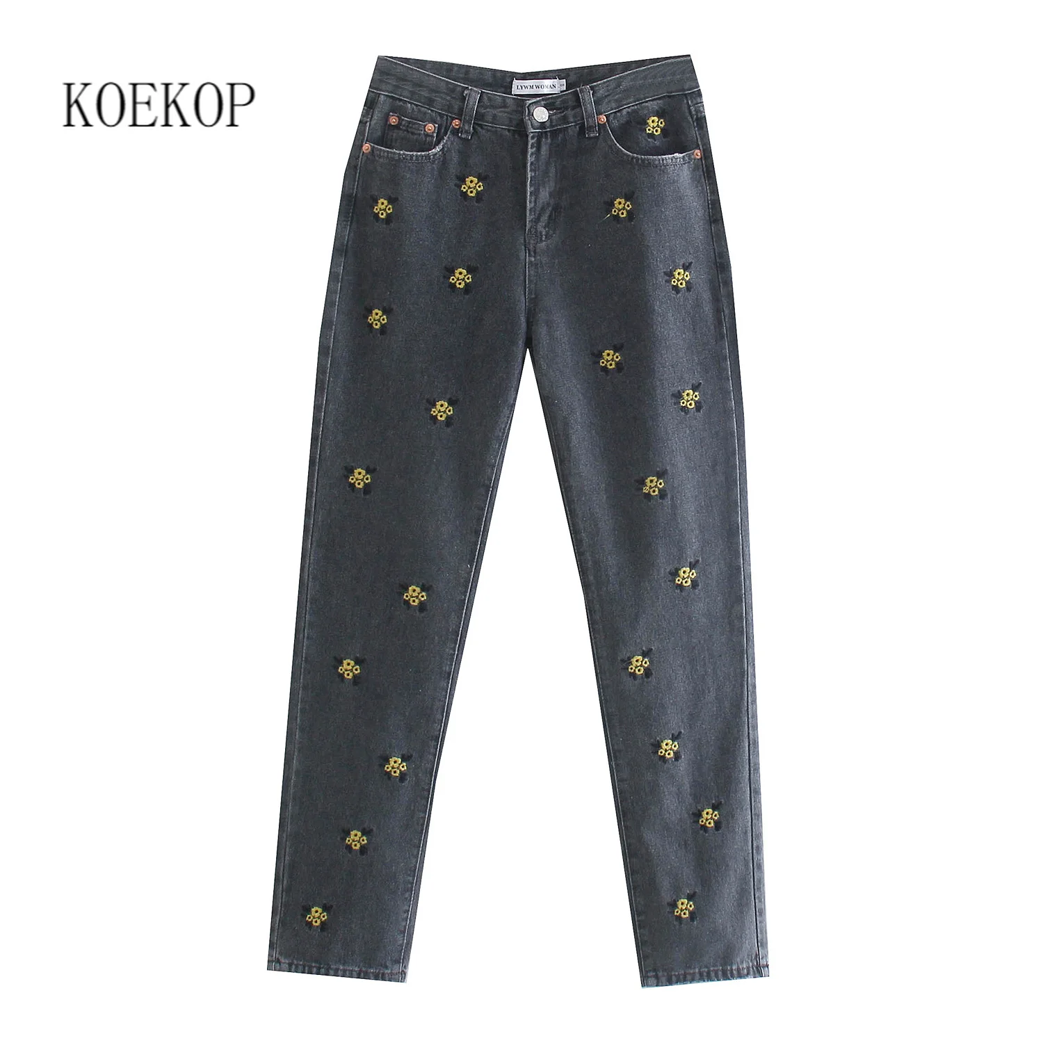 

Koekop Women Fashion Full Length Denim Jeans High Waist Faded Effect Embroidered Flower Detail Casual Slim Fit Pants Woman