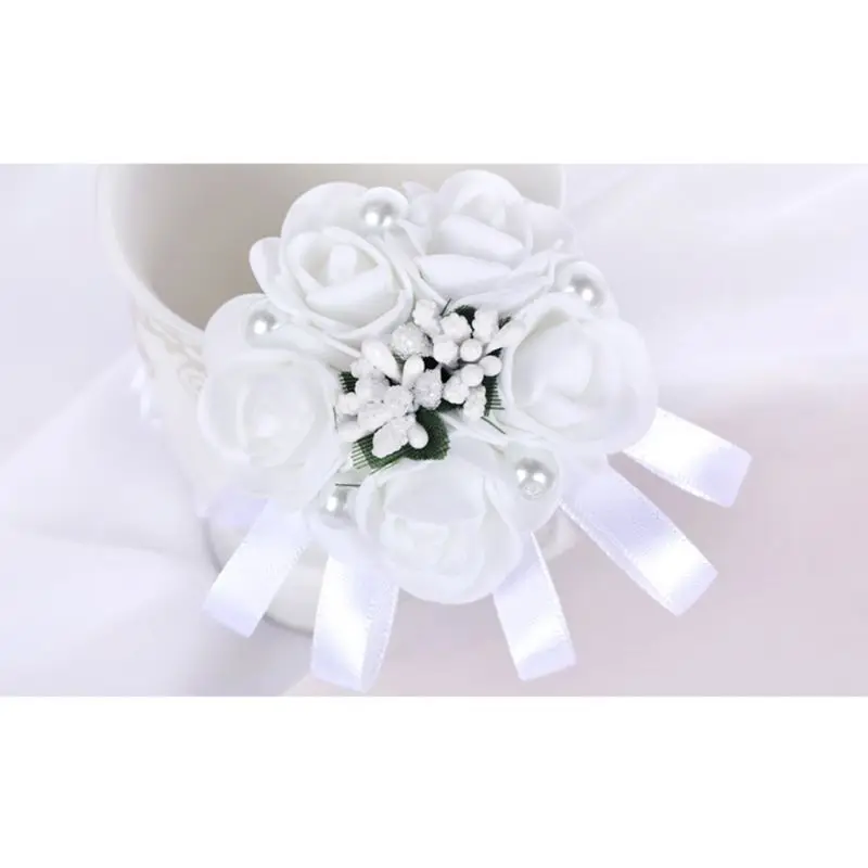 

Women Bridesmaid Girl Wedding White Wrist Corsage Artificial Rose Wrist Flower Imitation Pearl Jewelry Bracelet Prom Party