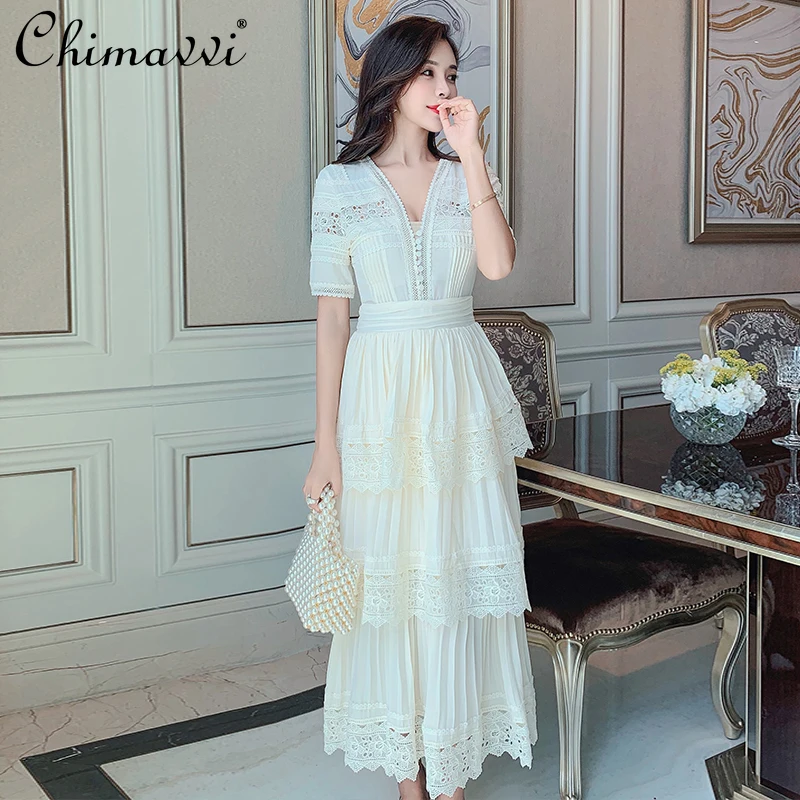 

Elegant Summer 2021 New Super Fairy Sexy V-neck Lace Embroidery Stitching A-line Dress Women's Fashion Cake Pleated Long Dress