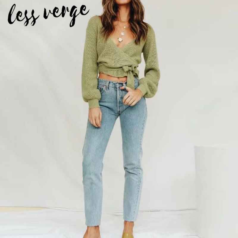 Lessverge Sexy v neck wrap green knitted sweater cardigan Women cropped autumn winter jumper Female casaul bandage slim |