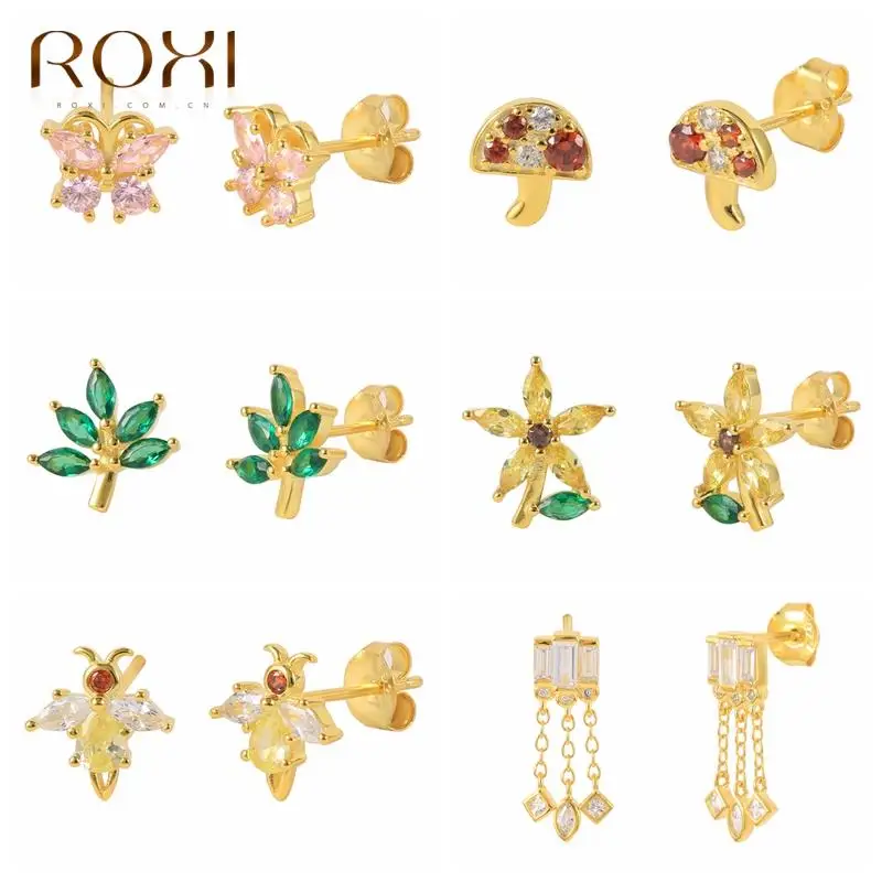 

ROXI Crystal Flowers Leaf Bee Butterfly Stud Earrings For Women 925 Sterling Silver Earrings Jewelry Pendientes Plata 925 Earing