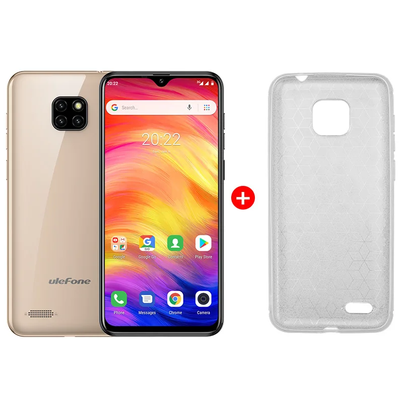 Ulefone Note 7, смартфон, экран в виде капли воды, 6,1 дюймов, 19:9, четырехъядерный процессор, 16 Гб ПЗУ, 3500 мАч, Face ID, три тыловые камеры, Android 9,0 - Цвет: Gold add case