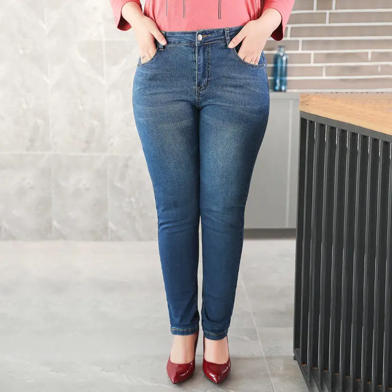 

Woman Jeans Pants Large Size Loose Elastic Autumn High Waist Tappered Pencil Pants Trousers 80-