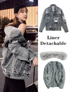 Женская зимняя подкладка Detachab черное джинсовое пальто женское джинсовое пальто с воротником из искусственного меха женская теплая флисовая ветровка