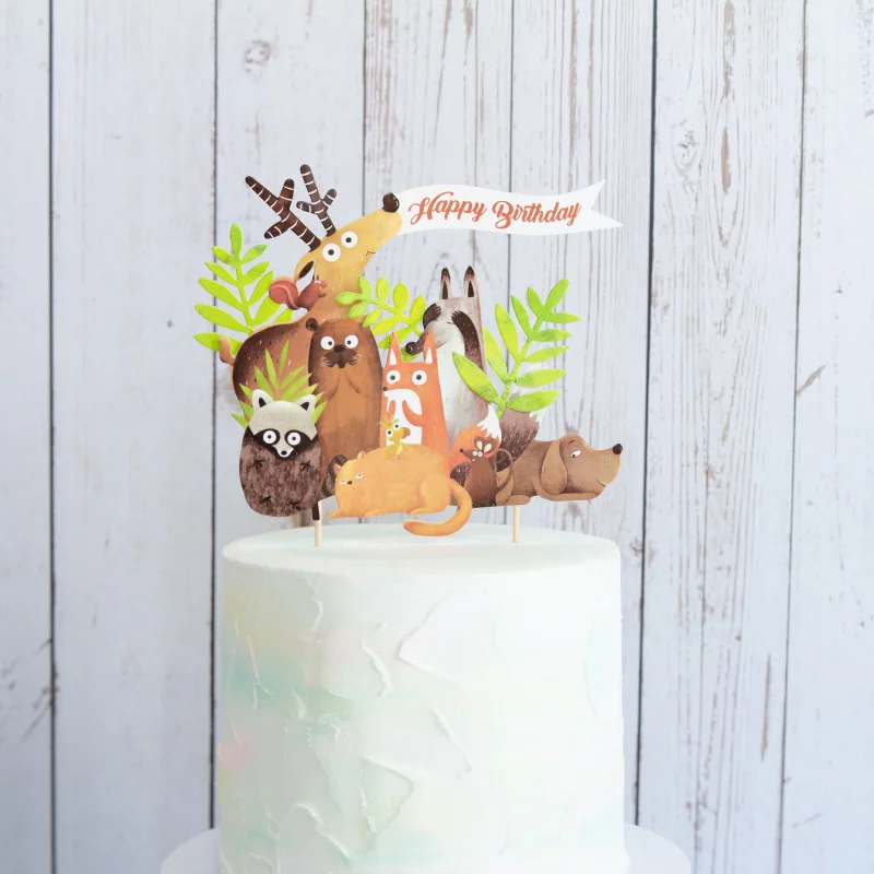 Милые животные Торт Топ шляпа лиса олень енот Кот день рождения для украшения