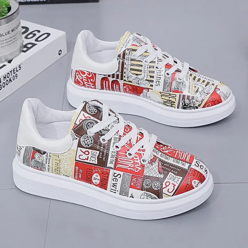 

Women Sneakers Leather Shoes Spring Trend Casual Flats Sneakers Female New Fashion Comfort Graffiti Vulcanized Platform Shoes