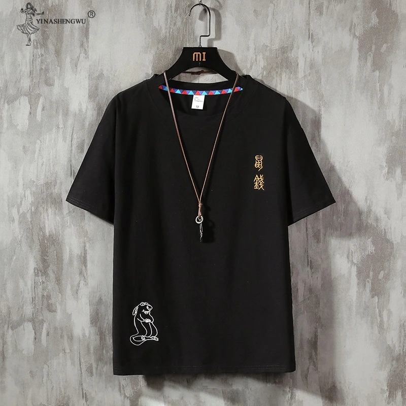 Футболка мужская с вышивкой Повседневная тенниска оверсайз в японском и