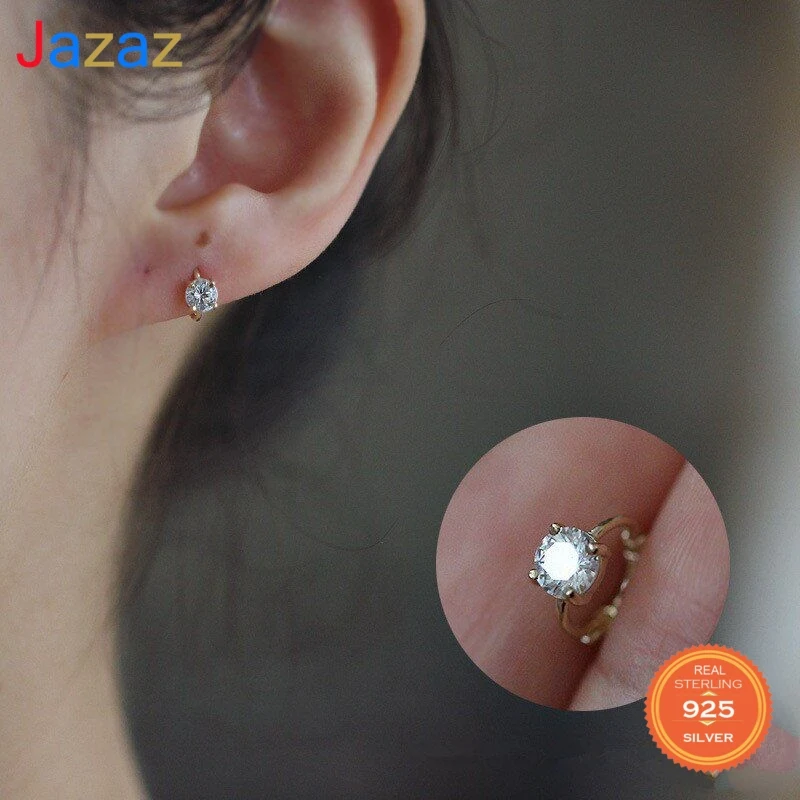 

Jazaz 925 Sterling Silver Korea Simple Four Claws Inlaid Zircon Stud Earrings Women Plating 14K Gold Wedding Party Gift D001571