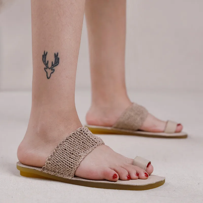 Женские шлепанцы из натуральной кожи винтажные сандалии на плоской подошве с