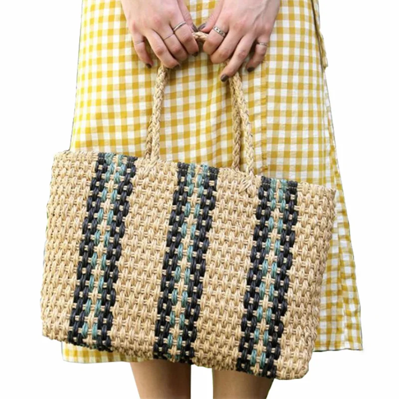 

Striped Straw Rattan Women Hand Bag 2021 Summer Rope Knitting Shoulder Bags Big Capacity Bag Handbags for Lady Tote Bolsas Bali