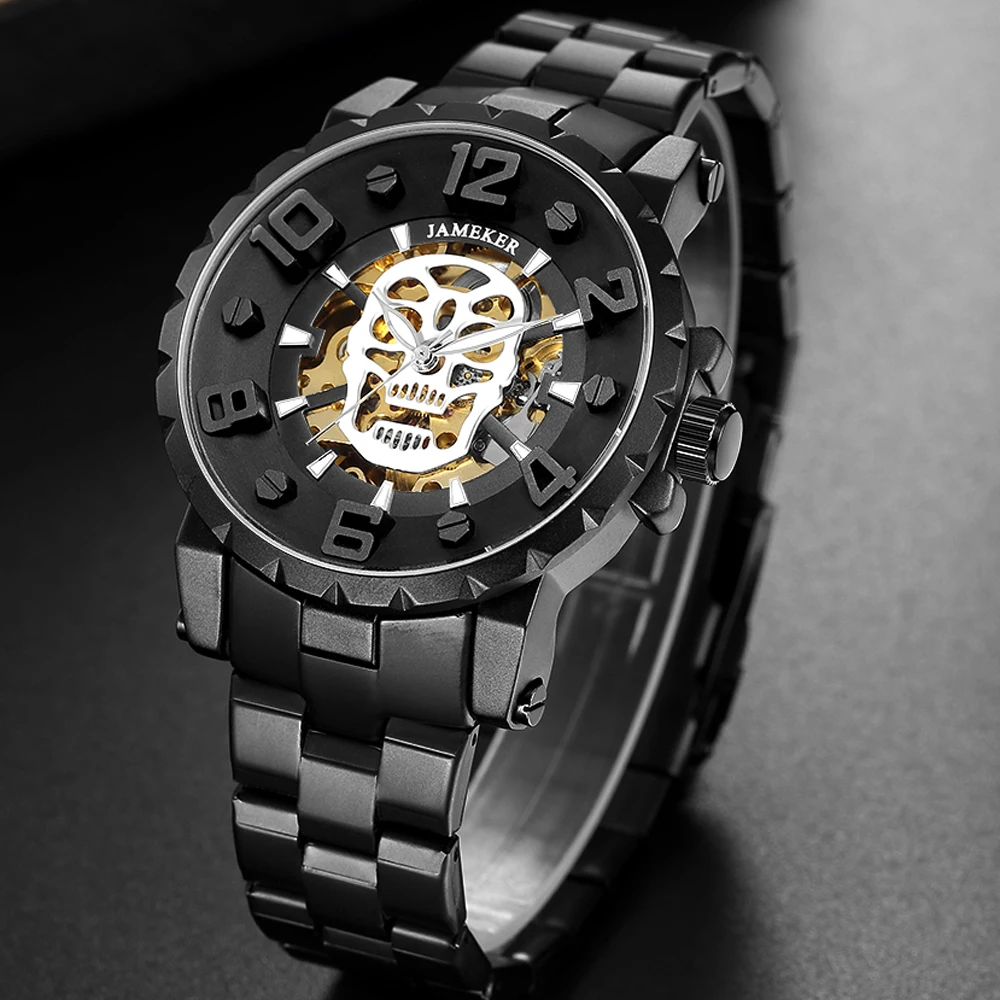 Черные мужские часы повседневные автоматические механические в стиле стимпанк